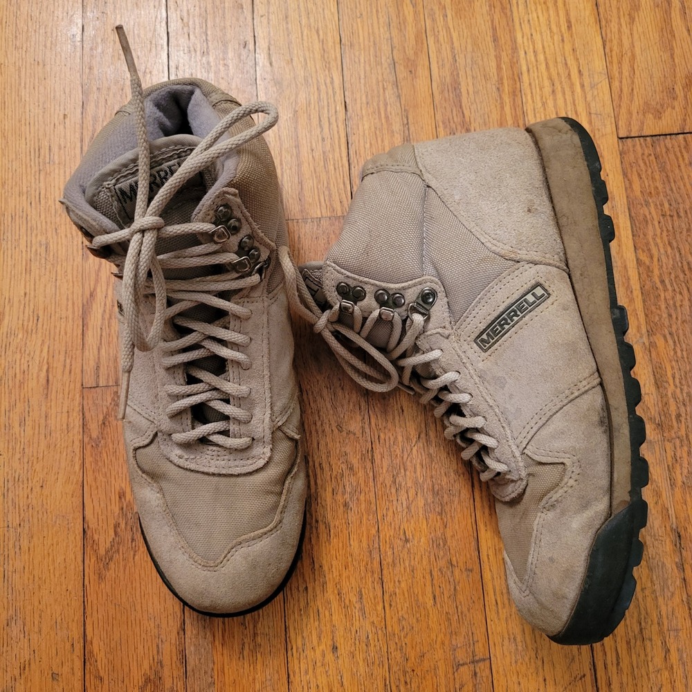Merrell‎ Vintage Hiking Boots Beige Suede Canvas Air Cushion Mid Top 9 Outdoors
